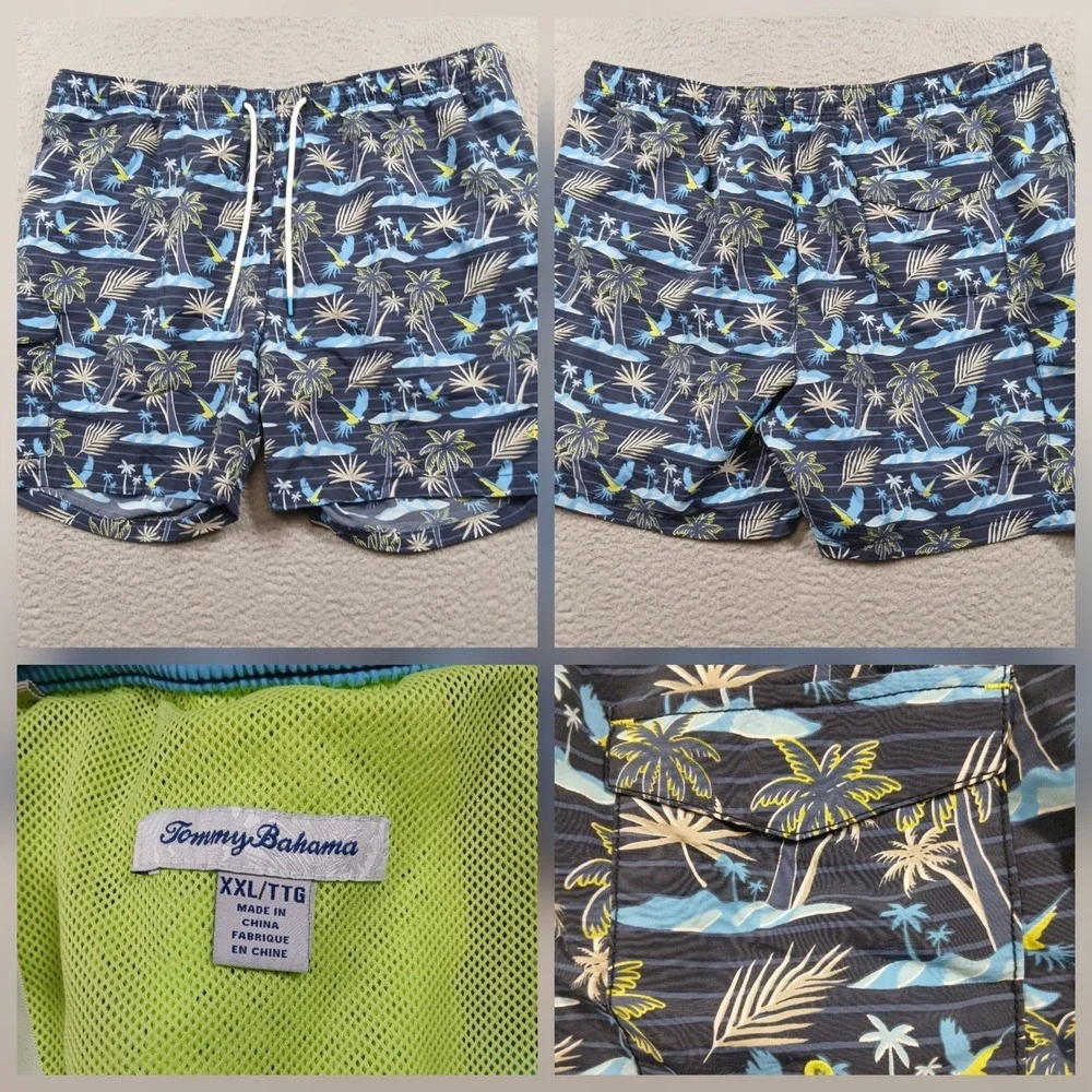 Tommy‎ Bahama XXL Swim Trunks Blue Parrot Palm Tree Tropical Mesh Lined EUC